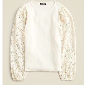 J Crew Vintage Rib Top with Poplin Eyelet Sleeves Large in ivory NWT